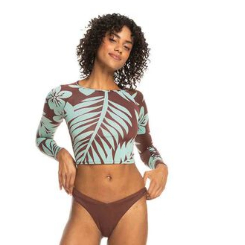 ROXY NEW Crop Top Rashguard Chocolate Palmeria - Picture 4 of 11